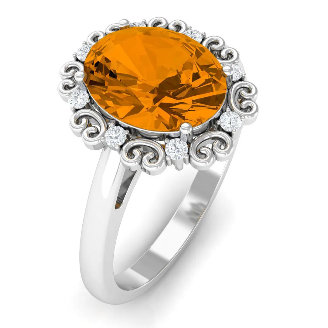 Vintage Inspired Oval Citrine Engagement Ring with Diamond