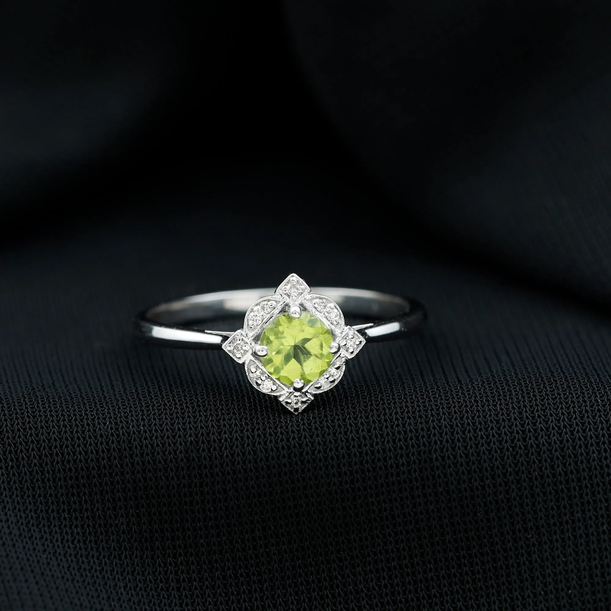 Vintage Inspired Round Peridot and Diamond Engagement Ring