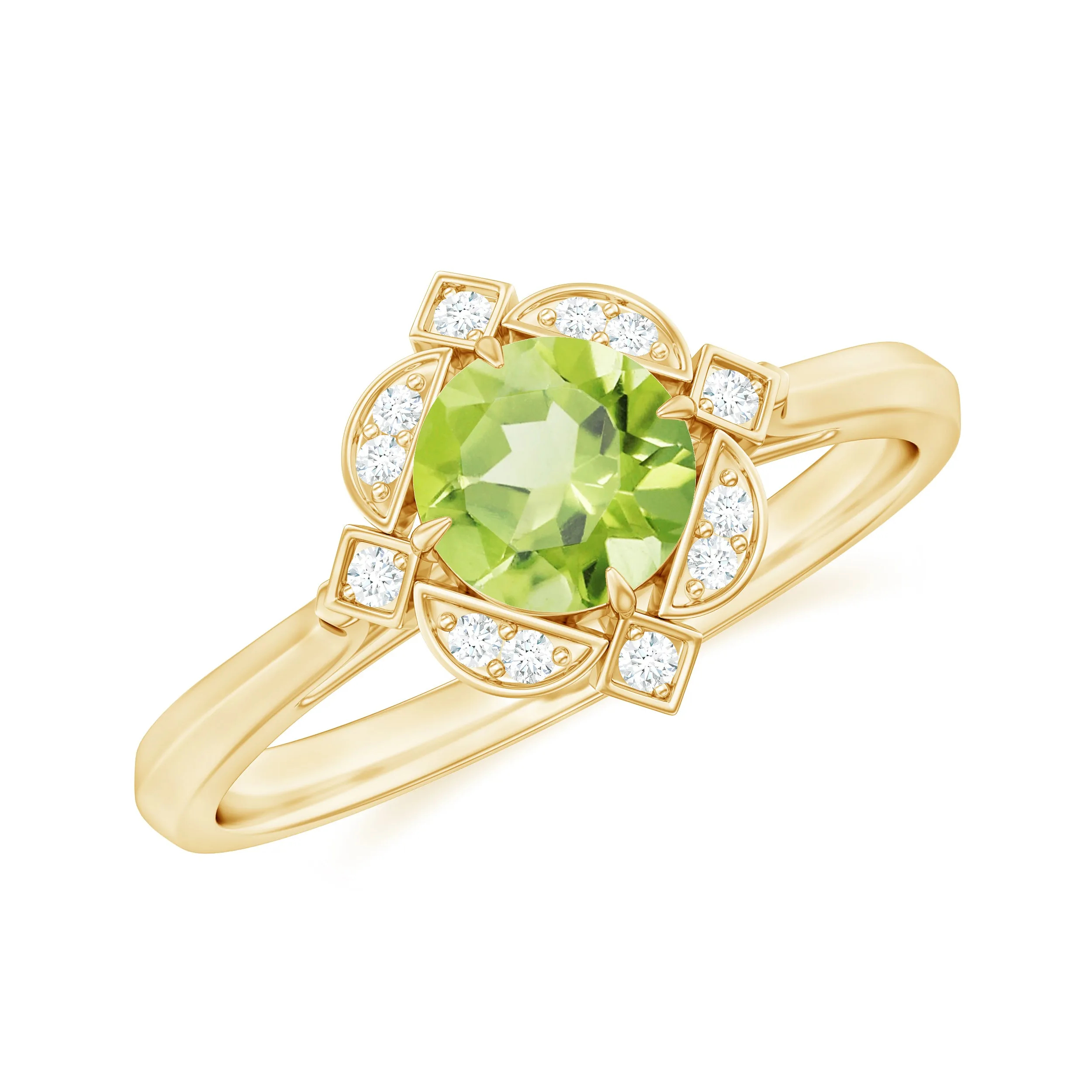 Vintage Inspired Round Peridot and Diamond Engagement Ring