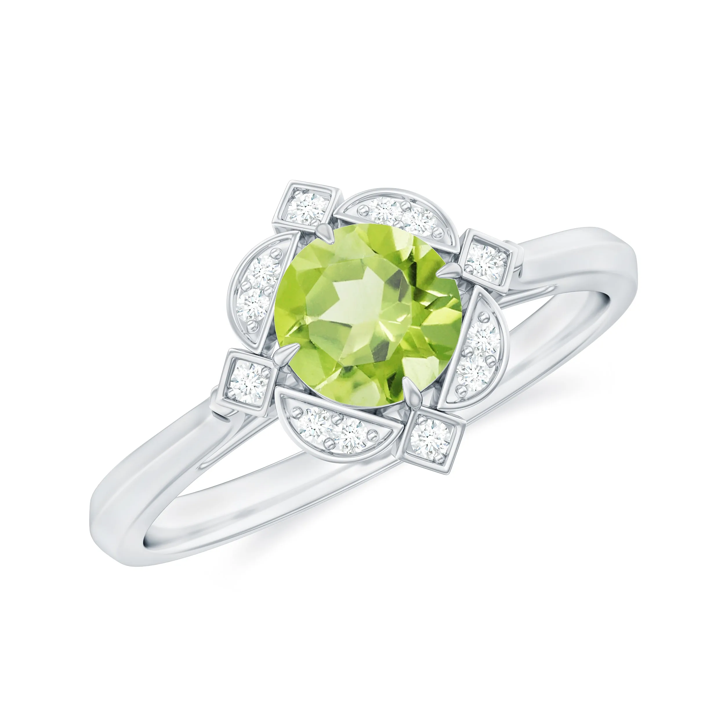 Vintage Inspired Round Peridot and Diamond Engagement Ring