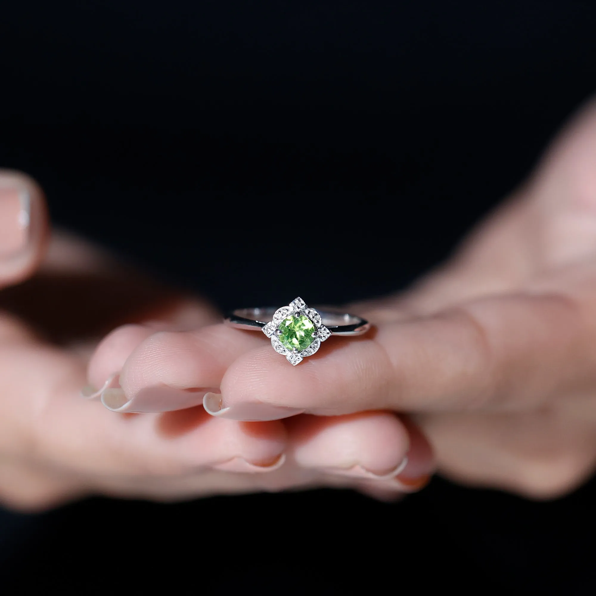 Vintage Inspired Round Peridot and Diamond Engagement Ring