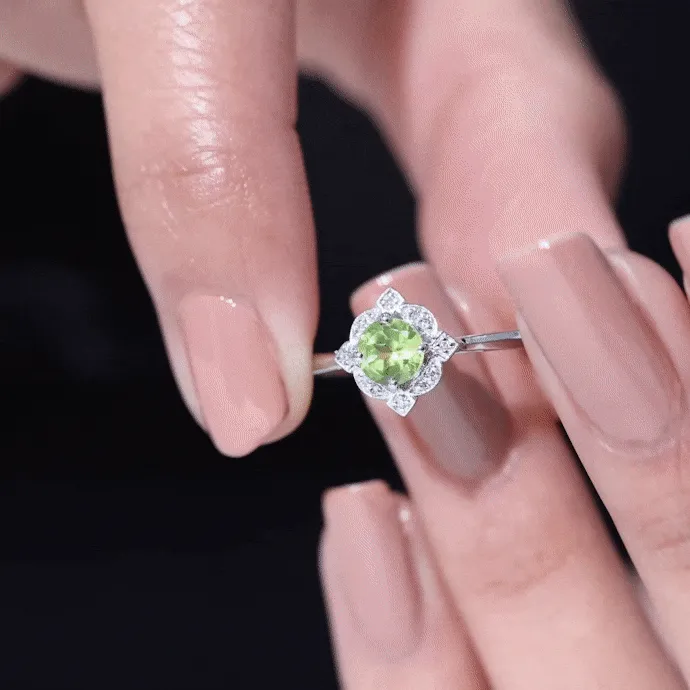 Vintage Inspired Round Peridot and Diamond Engagement Ring