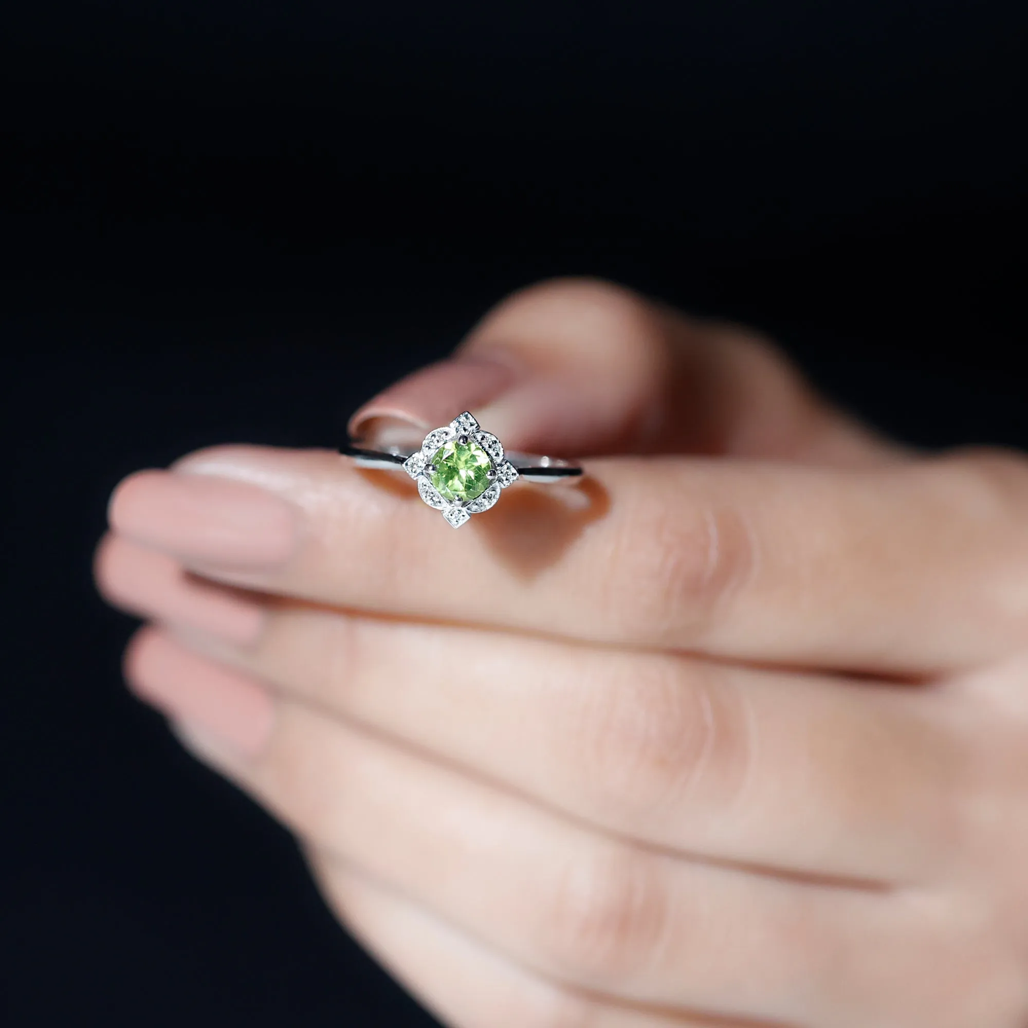 Vintage Inspired Round Peridot and Diamond Engagement Ring