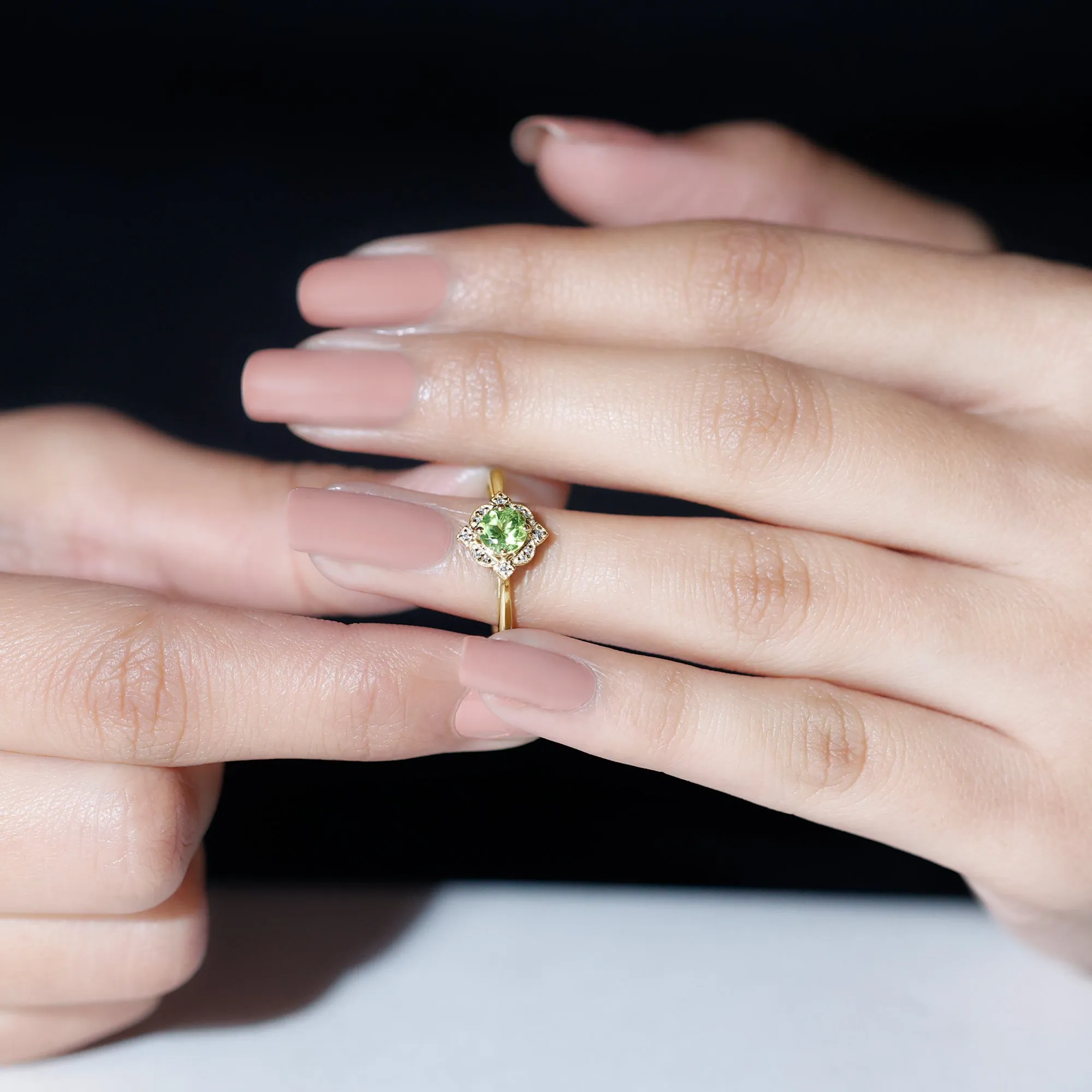 Vintage Inspired Round Peridot and Diamond Engagement Ring