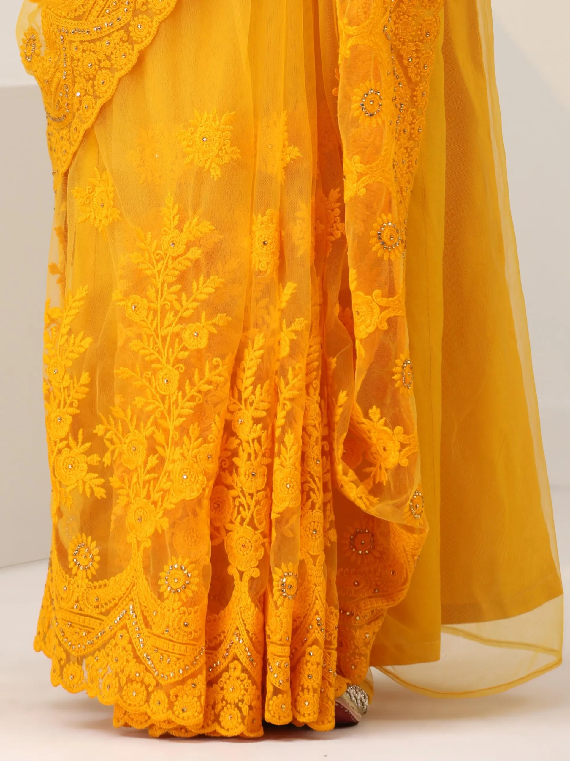 Yellow Net Saree with All over Thick Scallop Embroidery and Shiny Dots with Blouse Fabric