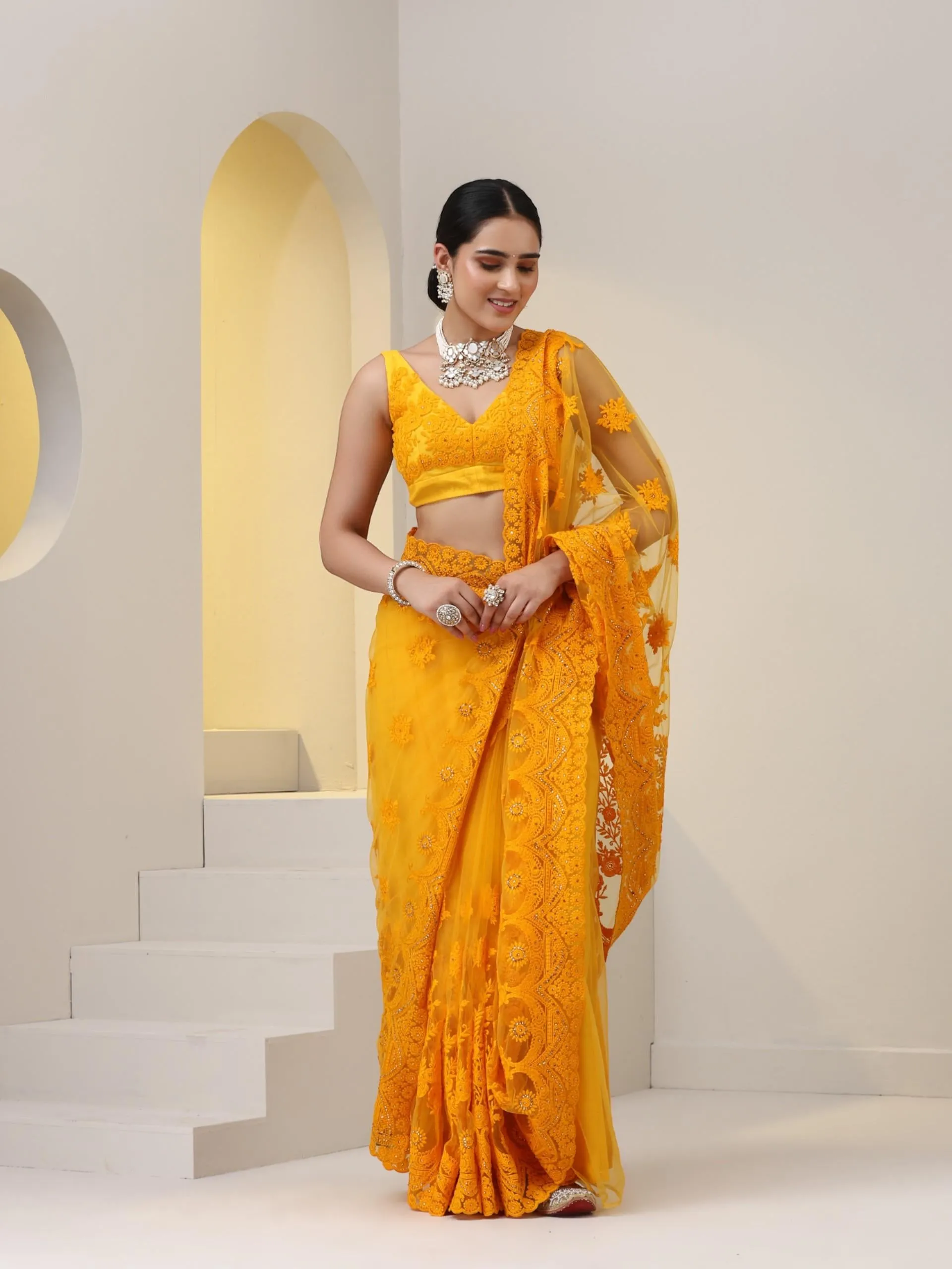 Yellow Net Saree with All over Thick Scallop Embroidery and Shiny Dots with Blouse Fabric