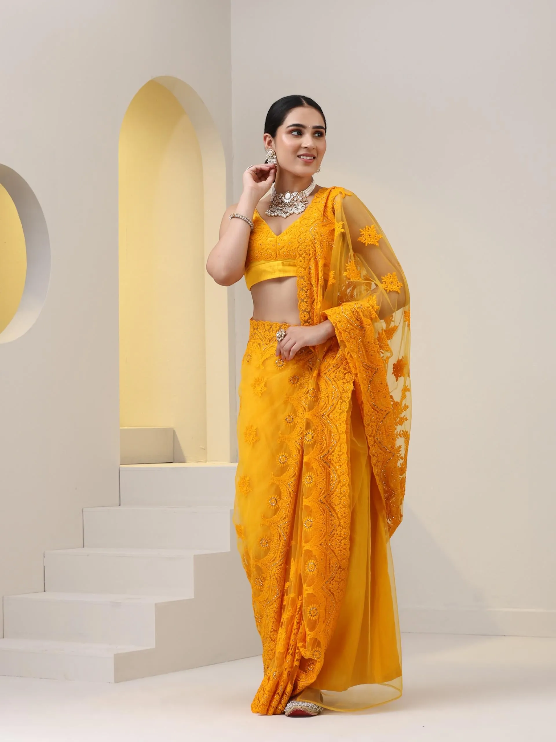 Yellow Net Saree with All over Thick Scallop Embroidery and Shiny Dots with Blouse Fabric